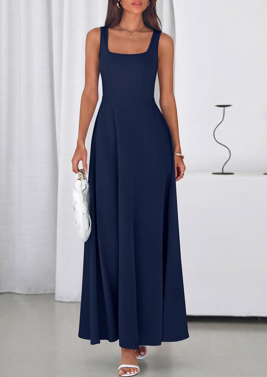 imagePRETTYGARDEN Womens Summer Dresses 2026 Sleeveless Elegant Square Neck Aline Swing Maxi Beach Wedding Guest Dress PocketsNavy