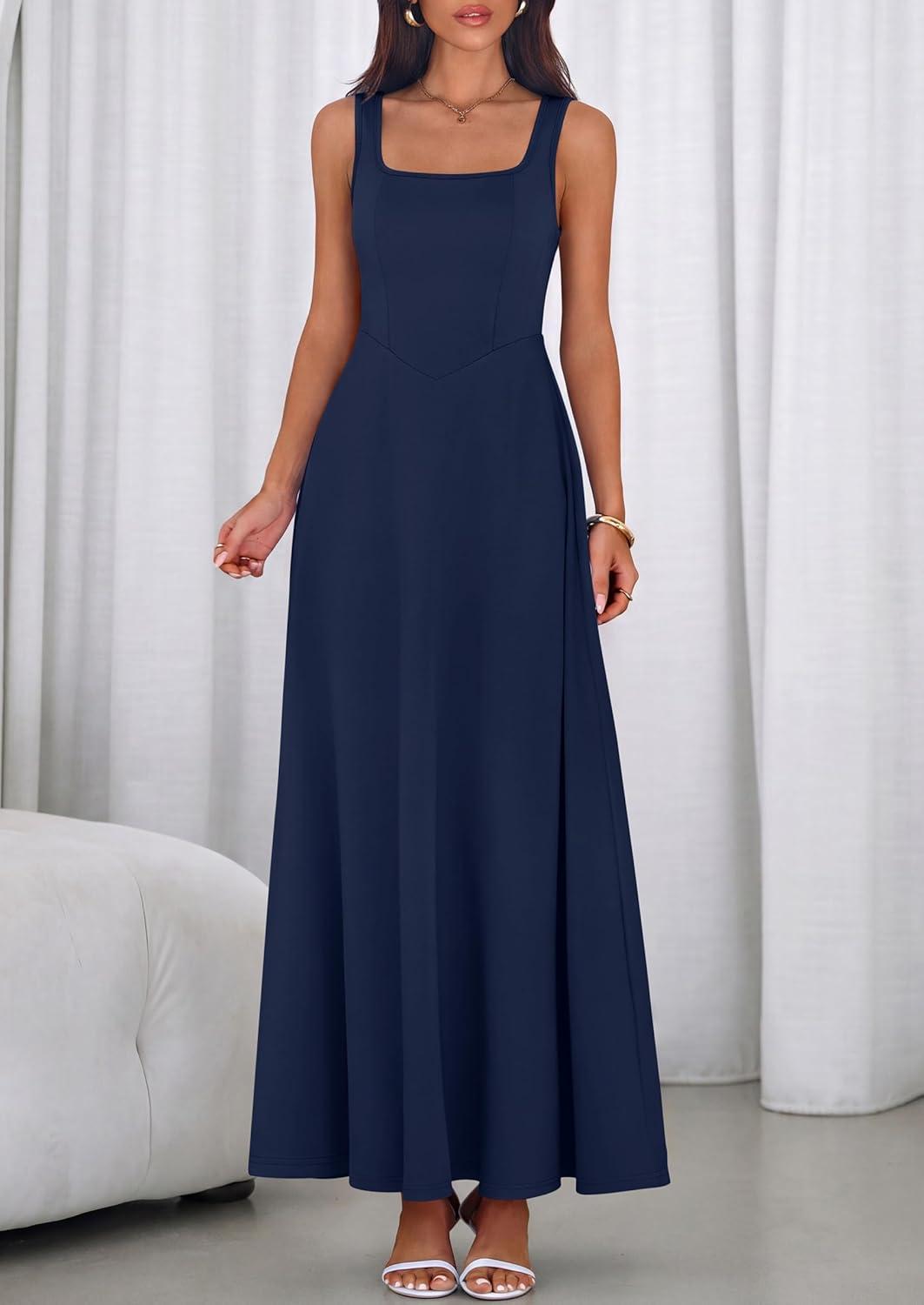 imagePRETTYGARDEN Womens Summer Dresses 2026 Sleeveless Elegant Square Neck Aline Swing Maxi Beach Wedding Guest Dress PocketsNavy
