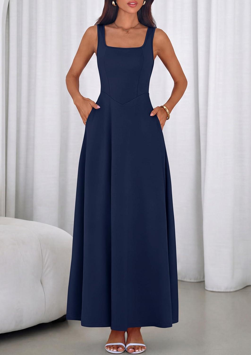 imagePRETTYGARDEN Womens Summer Dresses 2026 Sleeveless Elegant Square Neck Aline Swing Maxi Beach Wedding Guest Dress PocketsNavy