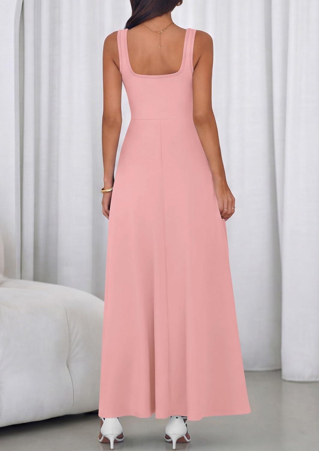 imagePRETTYGARDEN Womens Summer Dresses 2026 Sleeveless Elegant Square Neck Aline Swing Maxi Beach Wedding Guest Dress PocketsPink
