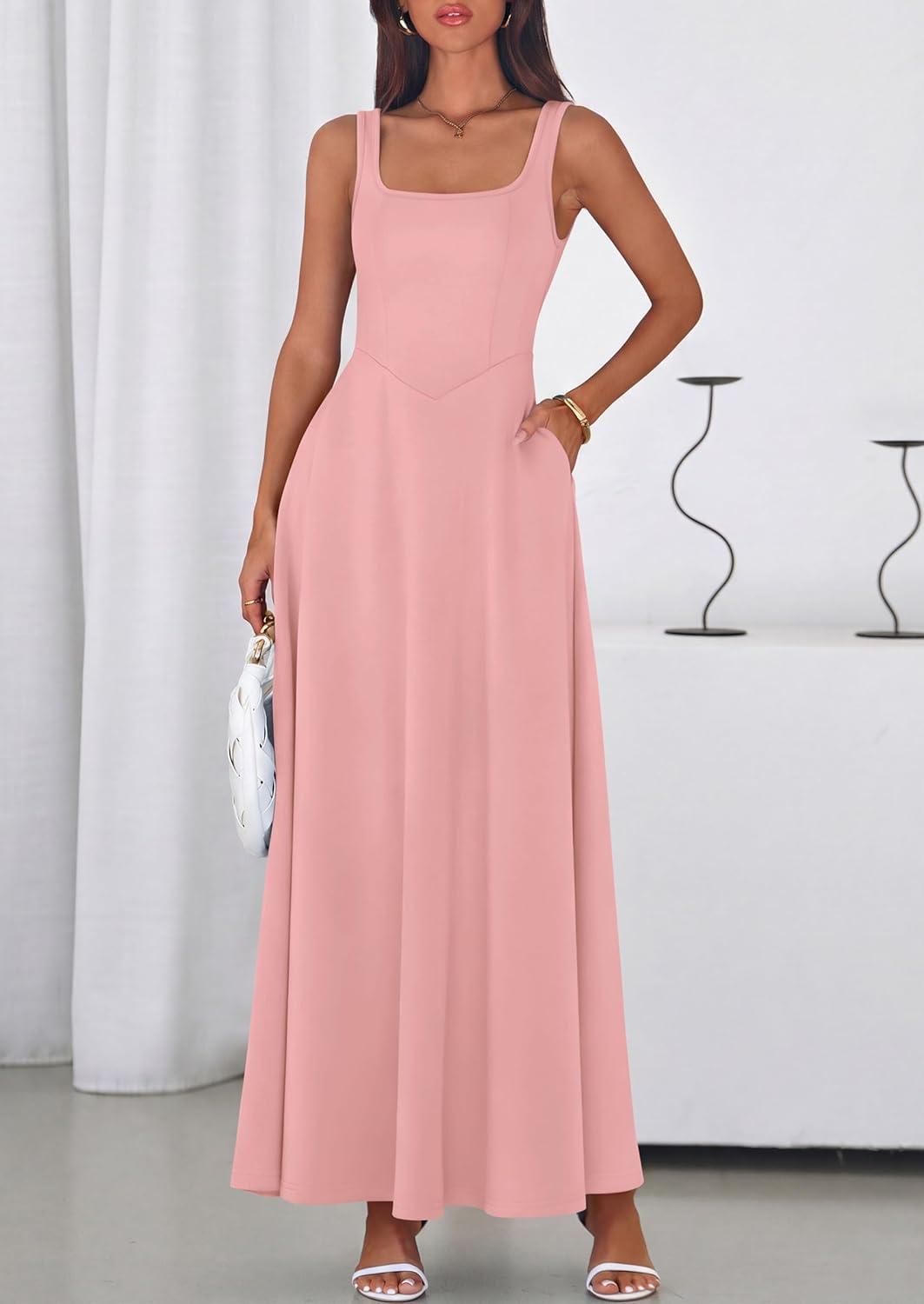 imagePRETTYGARDEN Womens Summer Dresses 2026 Sleeveless Elegant Square Neck Aline Swing Maxi Beach Wedding Guest Dress PocketsPink