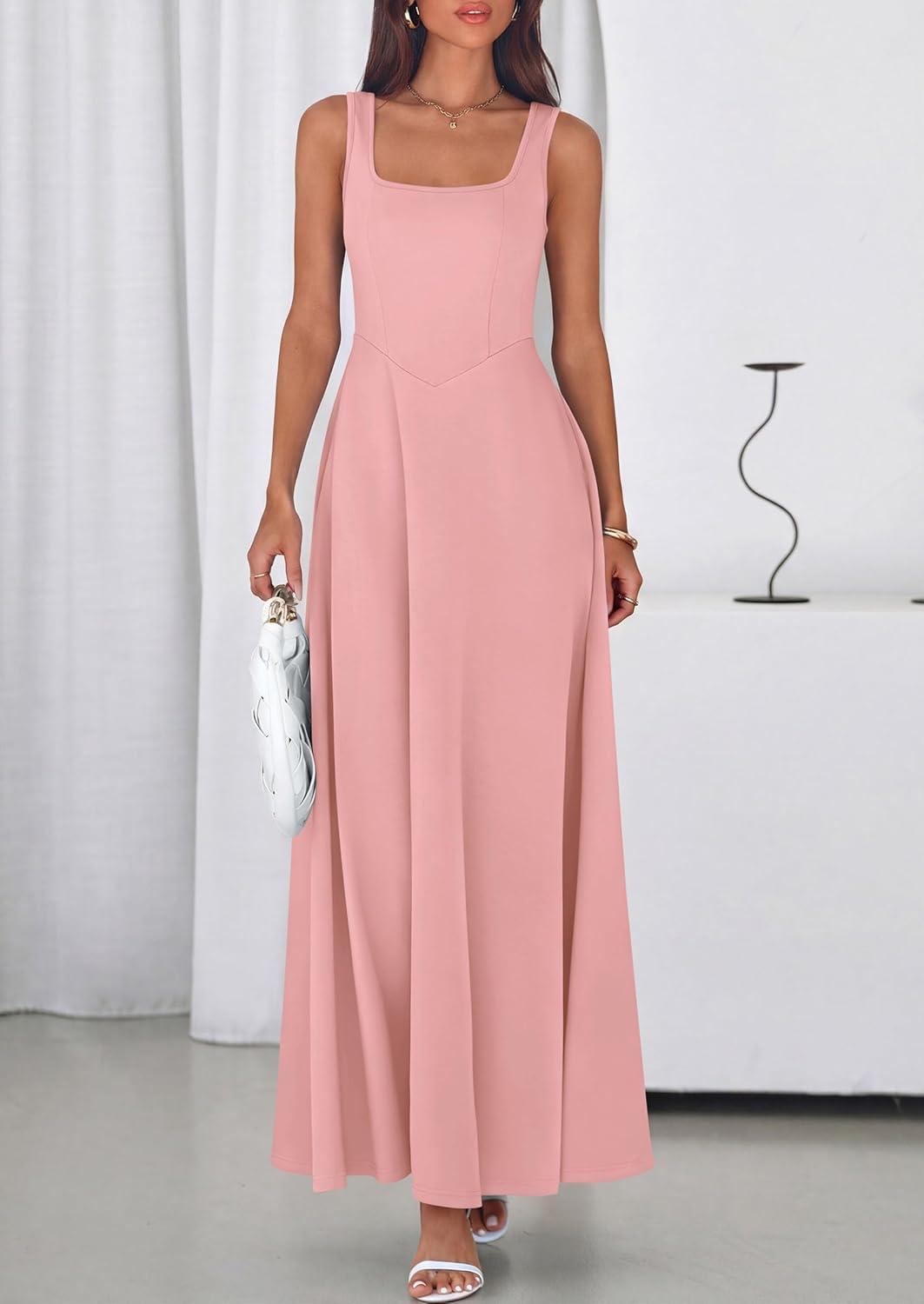 imagePRETTYGARDEN Womens Summer Dresses 2026 Sleeveless Elegant Square Neck Aline Swing Maxi Beach Wedding Guest Dress PocketsPink