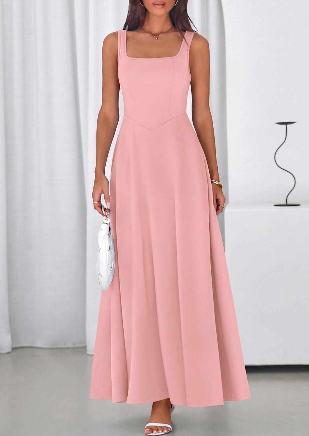 imagePRETTYGARDEN Womens Summer Dresses 2026 Sleeveless Elegant Square Neck Aline Swing Maxi Beach Wedding Guest Dress PocketsPink