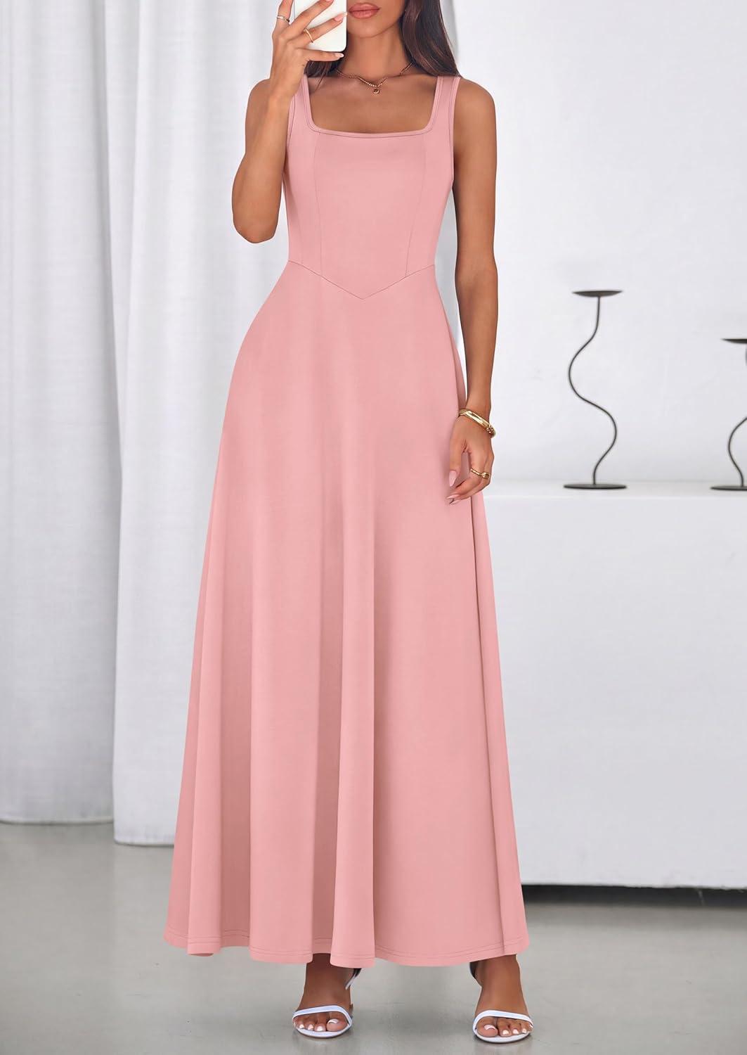 imagePRETTYGARDEN Womens Summer Dresses 2026 Sleeveless Elegant Square Neck Aline Swing Maxi Beach Wedding Guest Dress PocketsPink