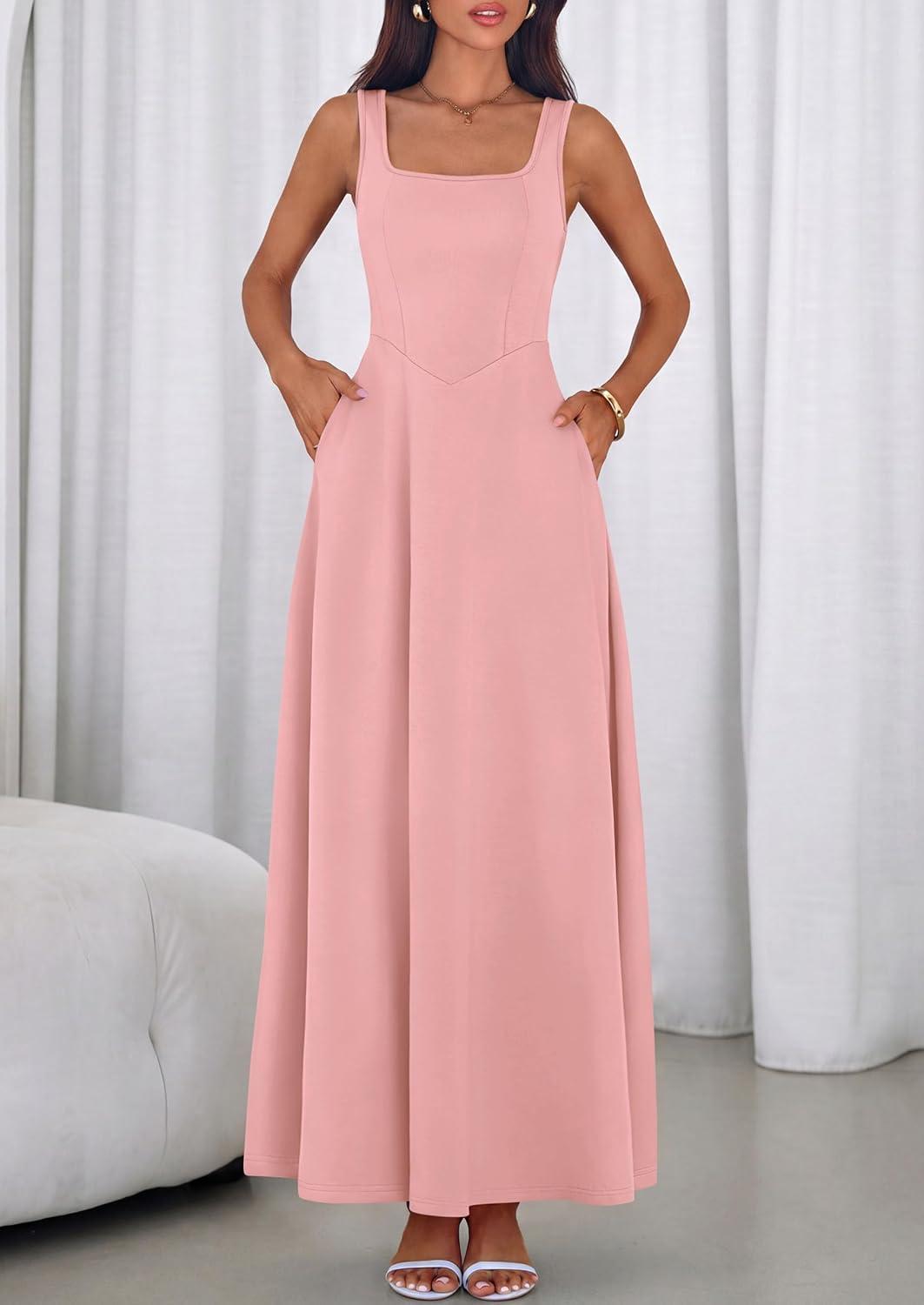 imagePRETTYGARDEN Womens Summer Dresses 2026 Sleeveless Elegant Square Neck Aline Swing Maxi Beach Wedding Guest Dress PocketsPink