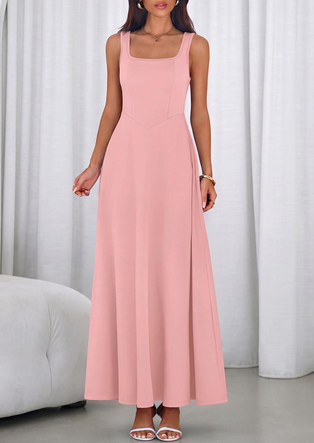 imagePRETTYGARDEN Womens Summer Dresses 2026 Sleeveless Elegant Square Neck Aline Swing Maxi Beach Wedding Guest Dress PocketsPink