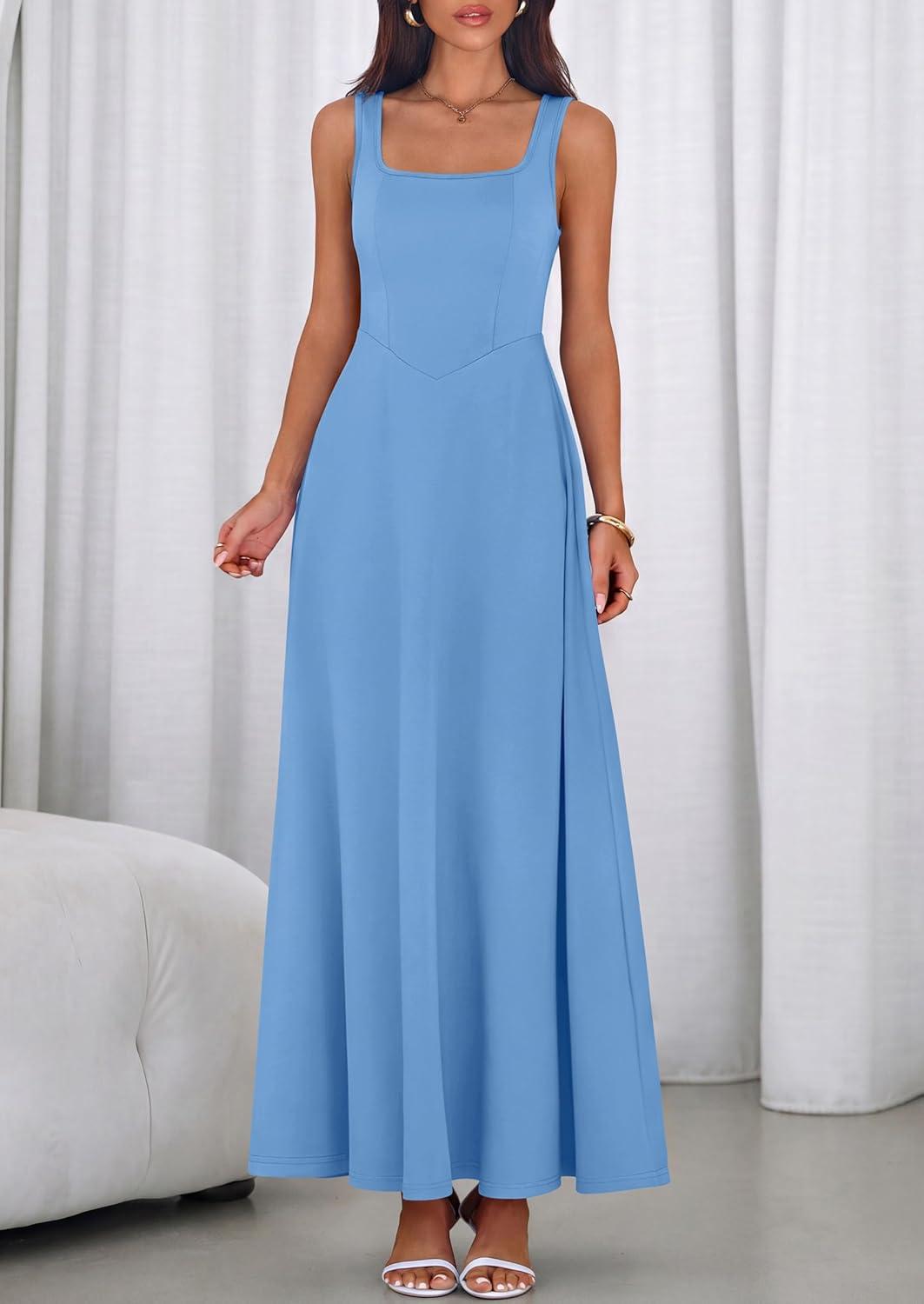 imagePRETTYGARDEN Womens Summer Dresses 2026 Sleeveless Elegant Square Neck Aline Swing Maxi Beach Wedding Guest Dress PocketsSky Blue