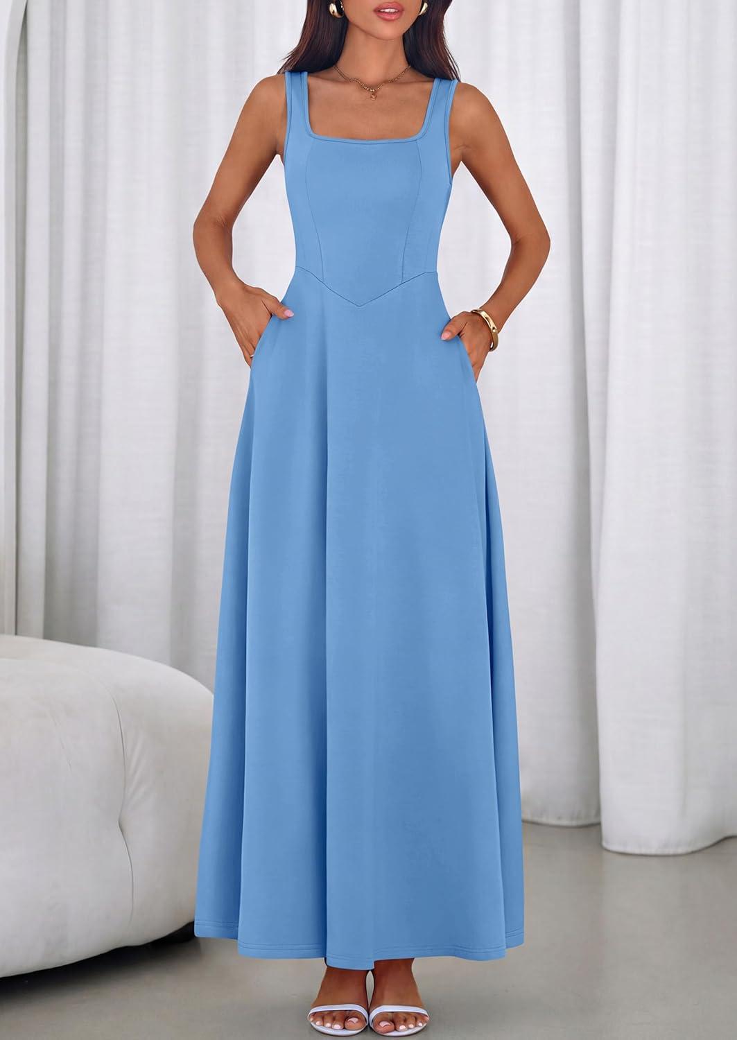 imagePRETTYGARDEN Womens Summer Dresses 2026 Sleeveless Elegant Square Neck Aline Swing Maxi Beach Wedding Guest Dress PocketsSky Blue