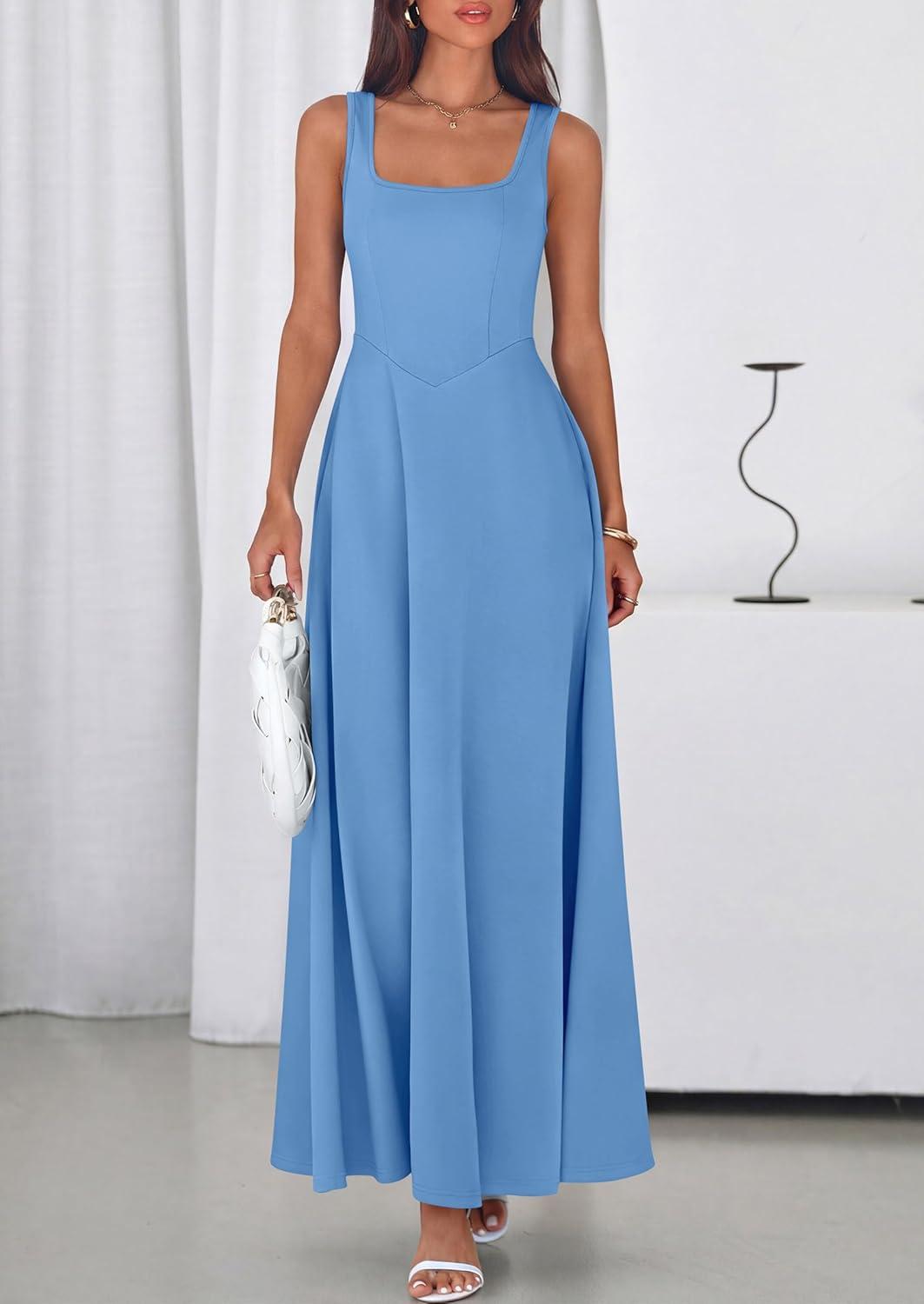 imagePRETTYGARDEN Womens Summer Dresses 2026 Sleeveless Elegant Square Neck Aline Swing Maxi Beach Wedding Guest Dress PocketsSky Blue
