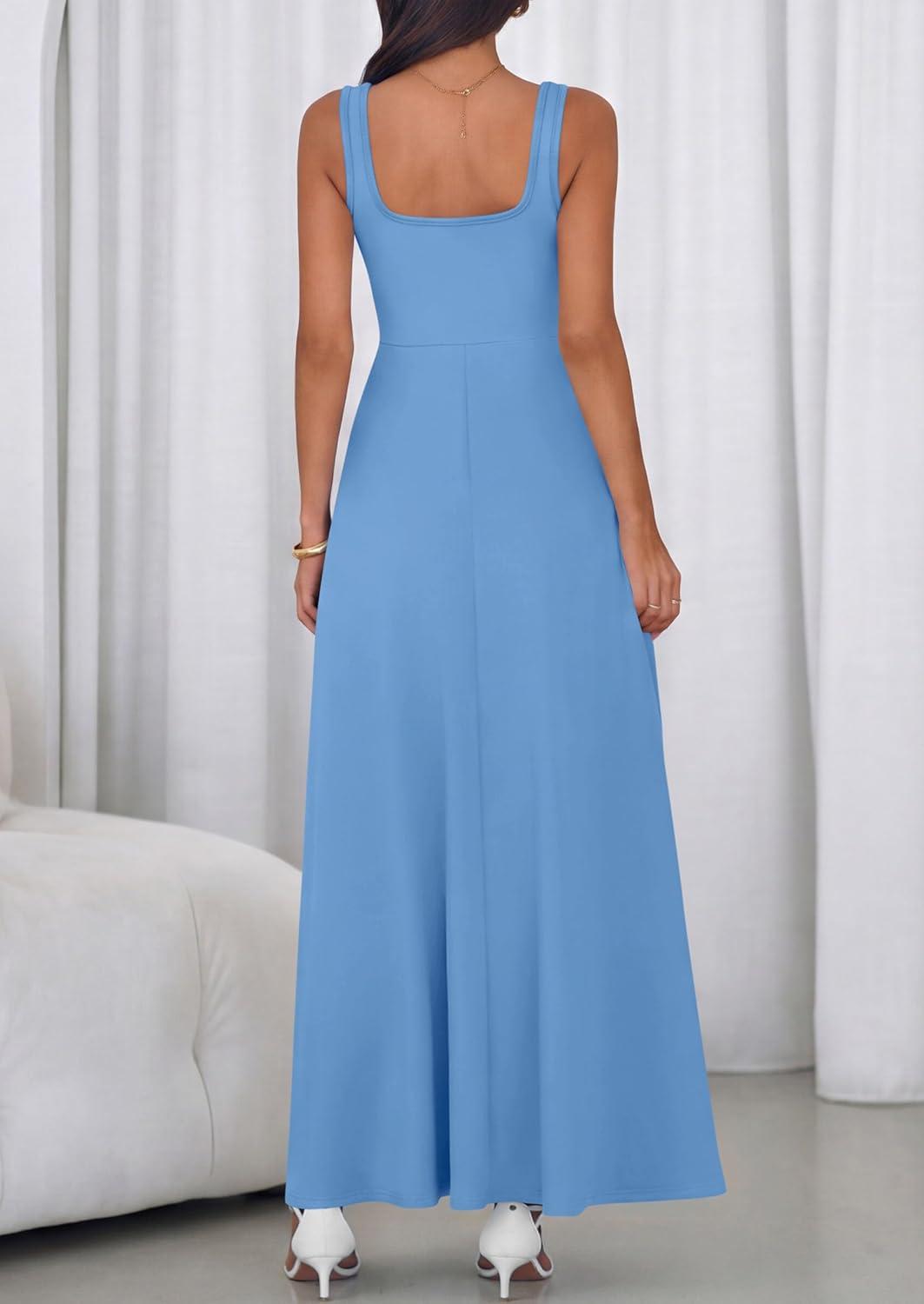 imagePRETTYGARDEN Womens Summer Dresses 2026 Sleeveless Elegant Square Neck Aline Swing Maxi Beach Wedding Guest Dress PocketsSky Blue