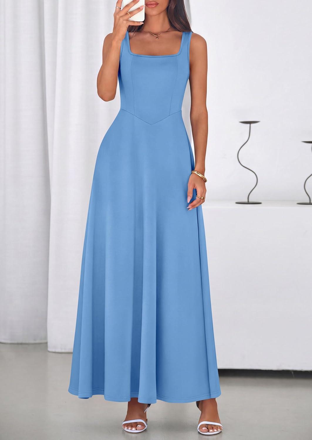 imagePRETTYGARDEN Womens Summer Dresses 2026 Sleeveless Elegant Square Neck Aline Swing Maxi Beach Wedding Guest Dress PocketsSky Blue