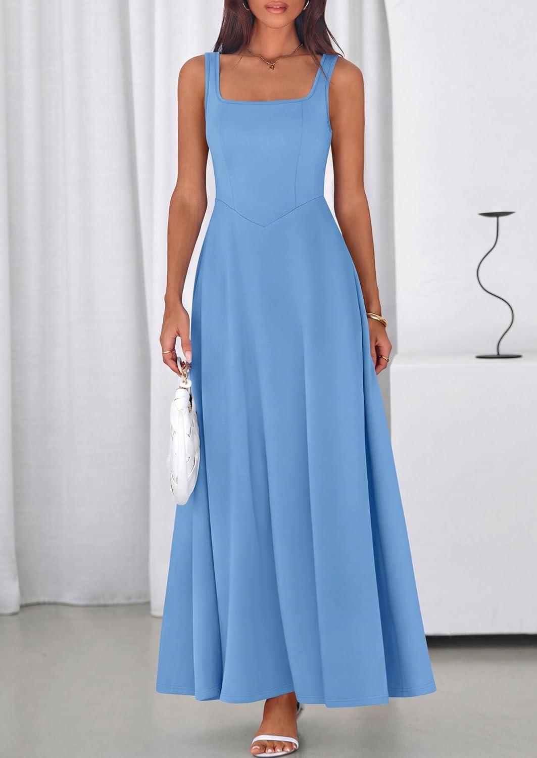 imagePRETTYGARDEN Womens Summer Dresses 2026 Sleeveless Elegant Square Neck Aline Swing Maxi Beach Wedding Guest Dress PocketsSky Blue