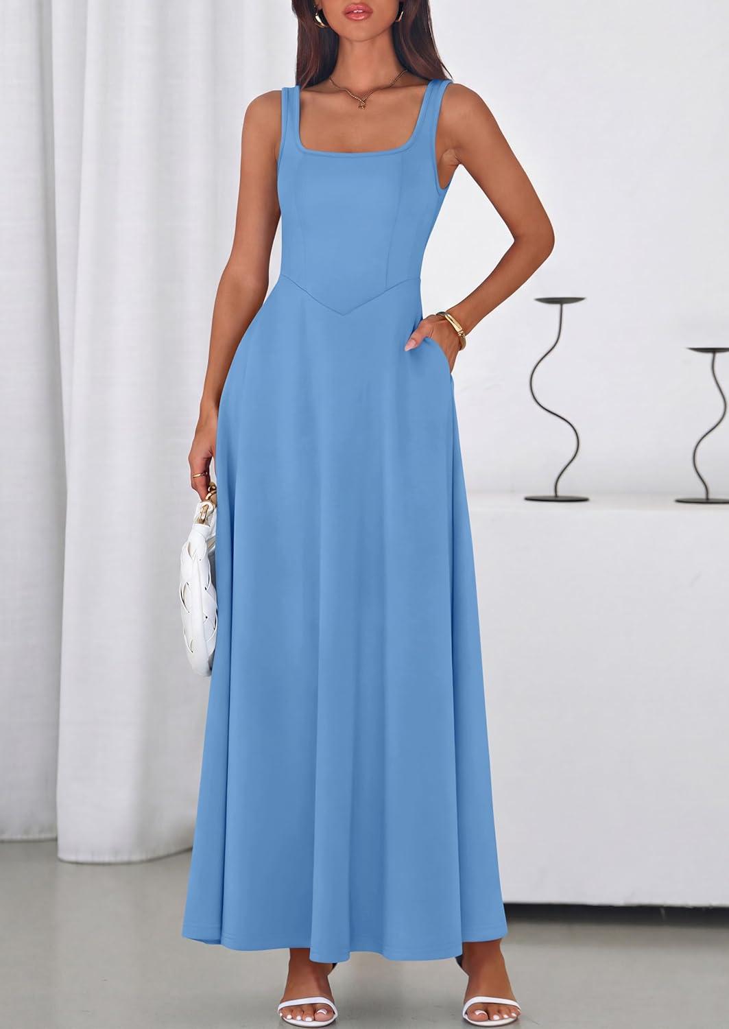 imagePRETTYGARDEN Womens Summer Dresses 2026 Sleeveless Elegant Square Neck Aline Swing Maxi Beach Wedding Guest Dress PocketsSky Blue