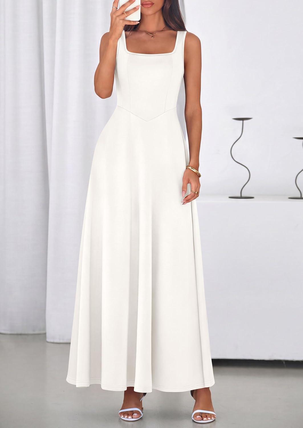 imagePRETTYGARDEN Womens Summer Dresses 2026 Sleeveless Elegant Square Neck Aline Swing Maxi Beach Wedding Guest Dress PocketsWhite