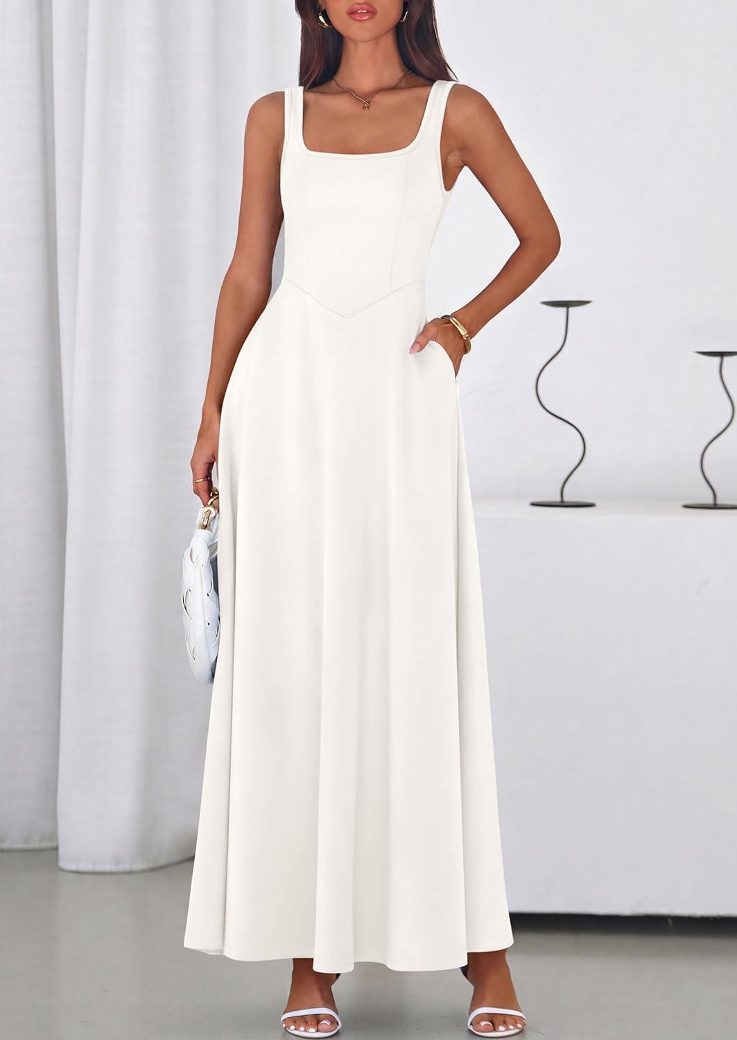 imagePRETTYGARDEN Womens Summer Dresses 2026 Sleeveless Elegant Square Neck Aline Swing Maxi Beach Wedding Guest Dress PocketsWhite