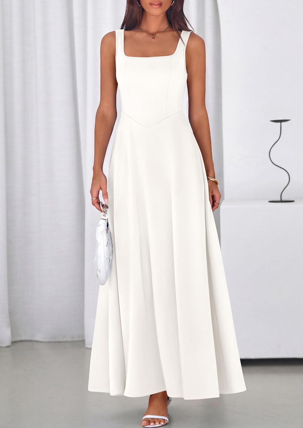 imagePRETTYGARDEN Womens Summer Dresses 2026 Sleeveless Elegant Square Neck Aline Swing Maxi Beach Wedding Guest Dress PocketsWhite