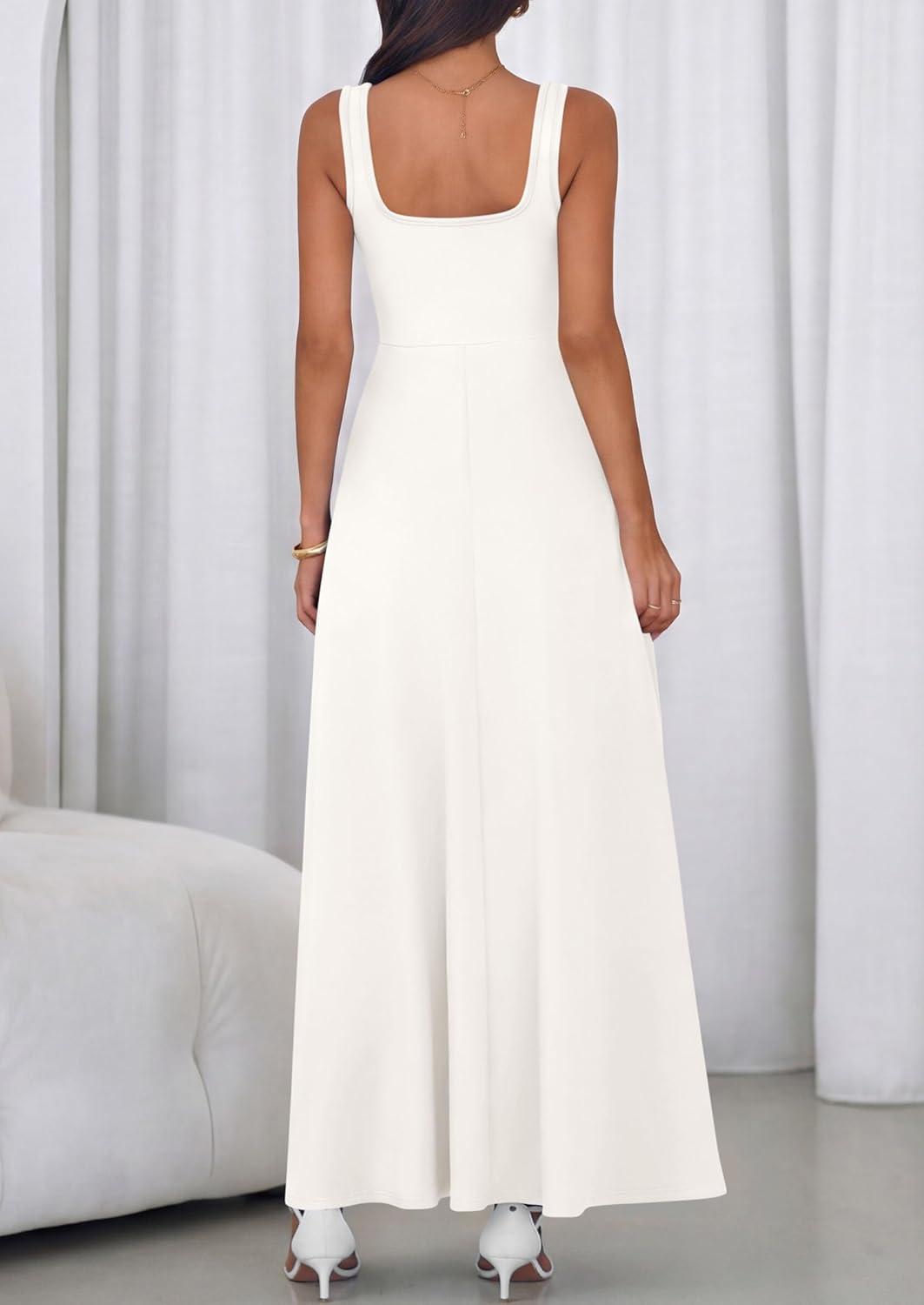 imagePRETTYGARDEN Womens Summer Dresses 2026 Sleeveless Elegant Square Neck Aline Swing Maxi Beach Wedding Guest Dress PocketsWhite