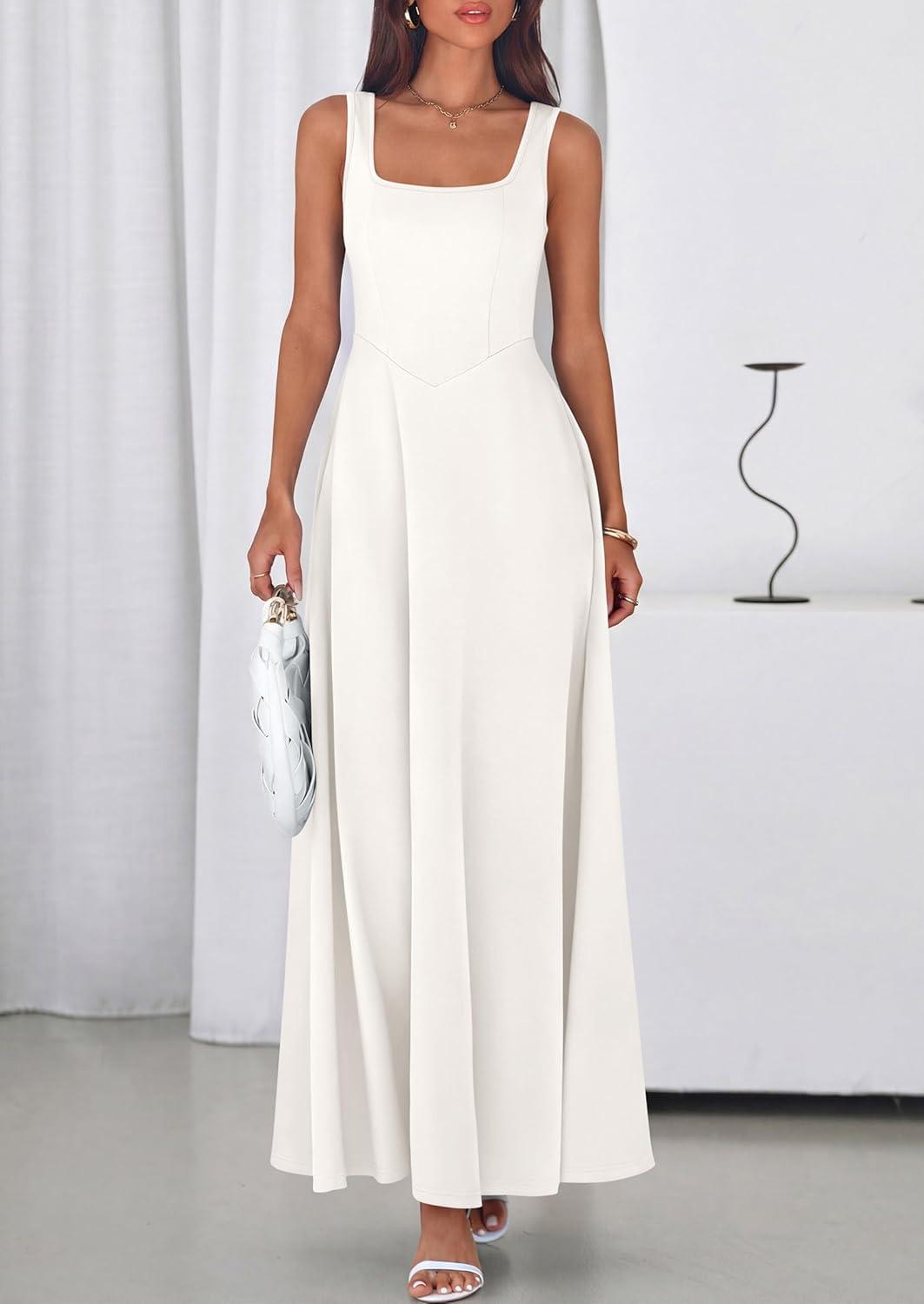 imagePRETTYGARDEN Womens Summer Dresses 2026 Sleeveless Elegant Square Neck Aline Swing Maxi Beach Wedding Guest Dress PocketsWhite