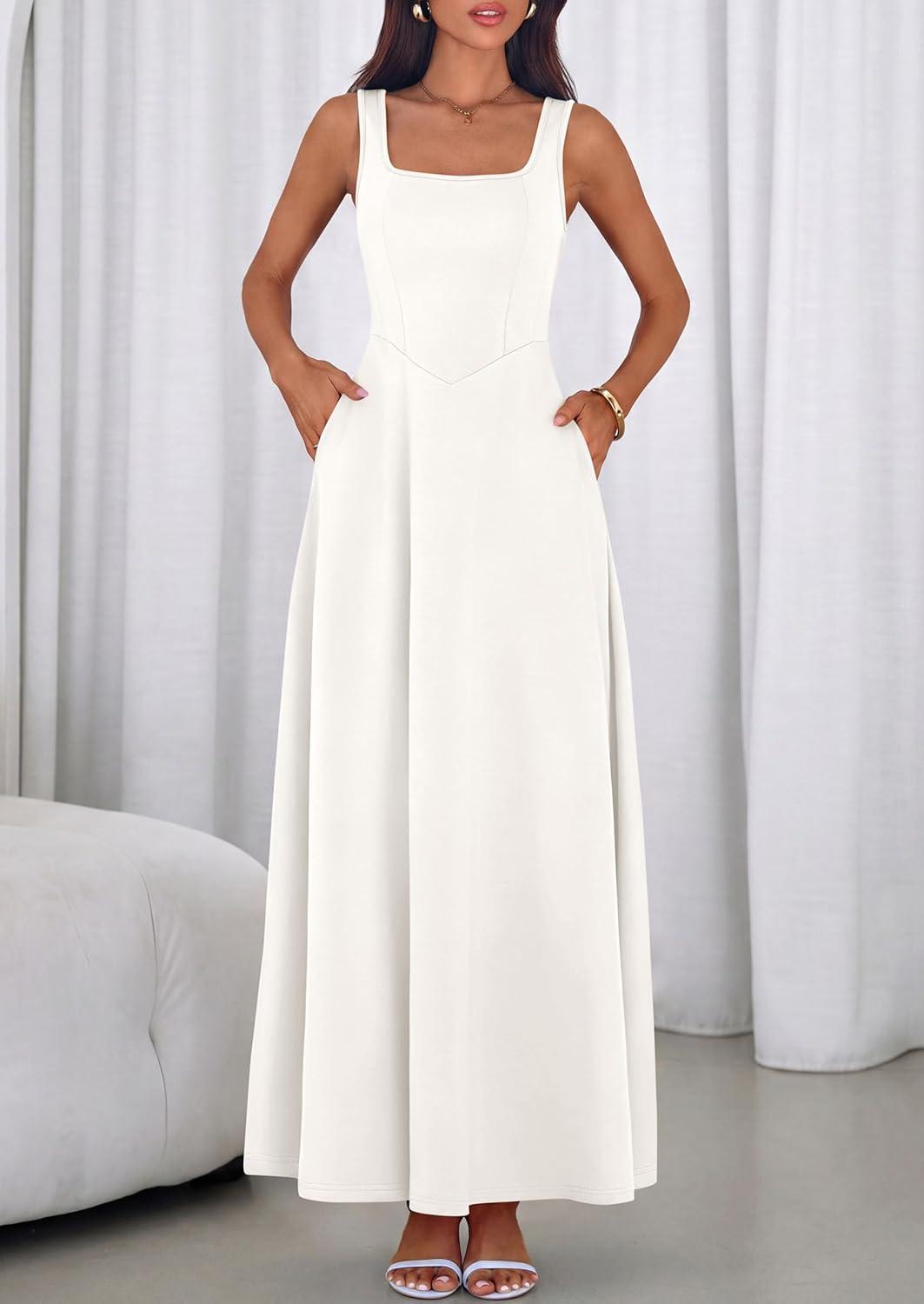 imagePRETTYGARDEN Womens Summer Dresses 2026 Sleeveless Elegant Square Neck Aline Swing Maxi Beach Wedding Guest Dress PocketsWhite
