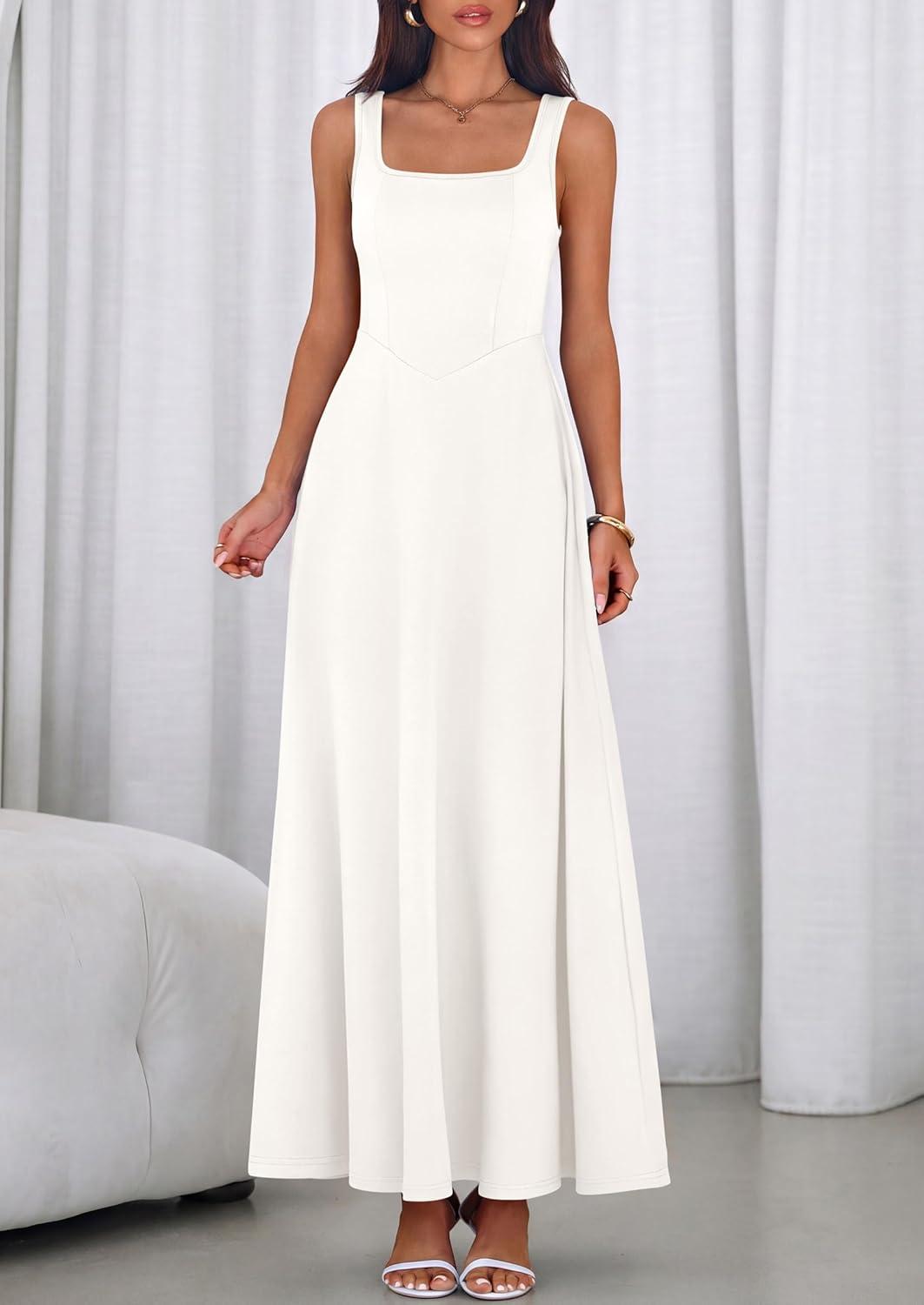 imagePRETTYGARDEN Womens Summer Dresses 2026 Sleeveless Elegant Square Neck Aline Swing Maxi Beach Wedding Guest Dress PocketsWhite