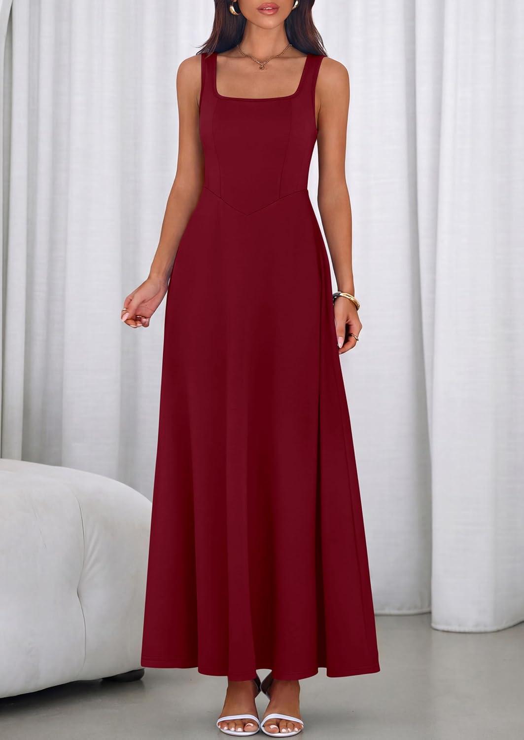 imagePRETTYGARDEN Womens Summer Dresses 2026 Sleeveless Elegant Square Neck Aline Swing Maxi Beach Wedding Guest Dress PocketsWine Red