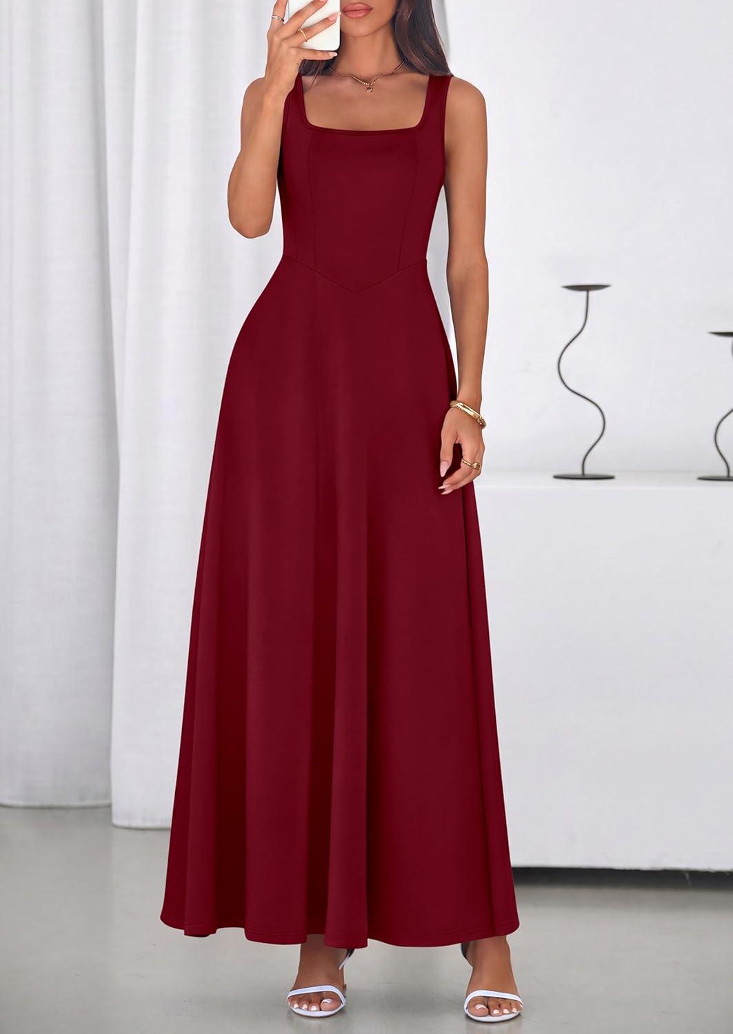 imagePRETTYGARDEN Womens Summer Dresses 2026 Sleeveless Elegant Square Neck Aline Swing Maxi Beach Wedding Guest Dress PocketsWine Red