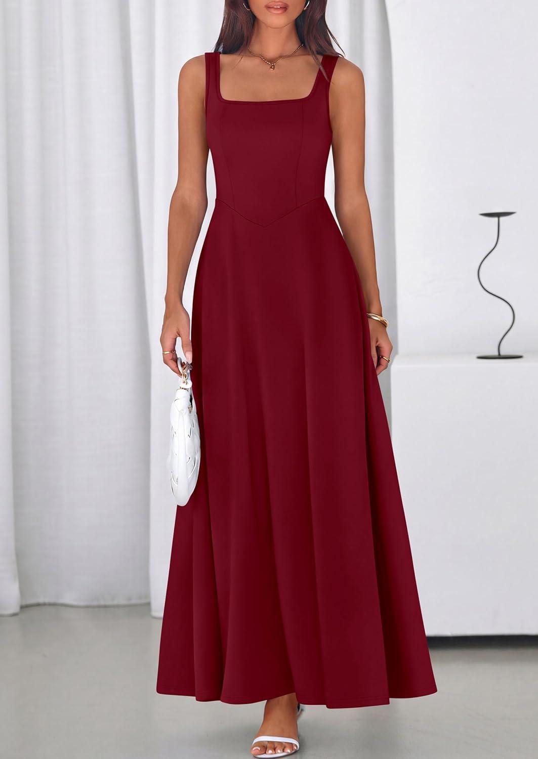imagePRETTYGARDEN Womens Summer Dresses 2026 Sleeveless Elegant Square Neck Aline Swing Maxi Beach Wedding Guest Dress PocketsWine Red