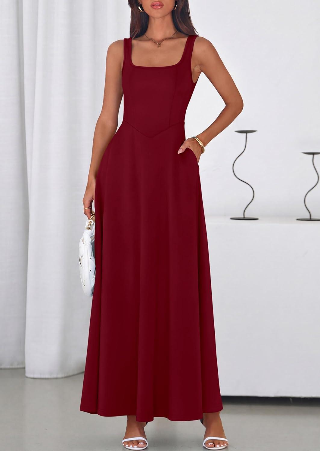 imagePRETTYGARDEN Womens Summer Dresses 2026 Sleeveless Elegant Square Neck Aline Swing Maxi Beach Wedding Guest Dress PocketsWine Red