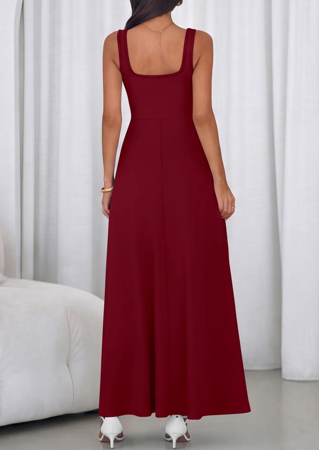 imagePRETTYGARDEN Womens Summer Dresses 2026 Sleeveless Elegant Square Neck Aline Swing Maxi Beach Wedding Guest Dress PocketsWine Red