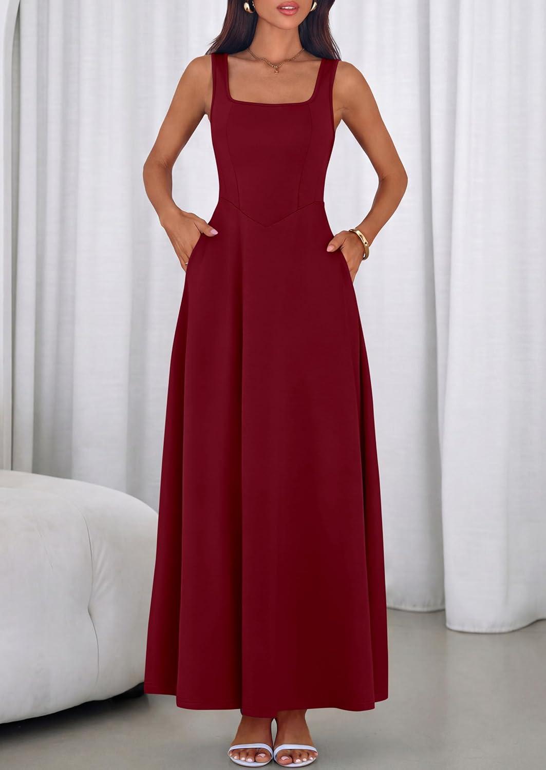 imagePRETTYGARDEN Womens Summer Dresses 2026 Sleeveless Elegant Square Neck Aline Swing Maxi Beach Wedding Guest Dress PocketsWine Red