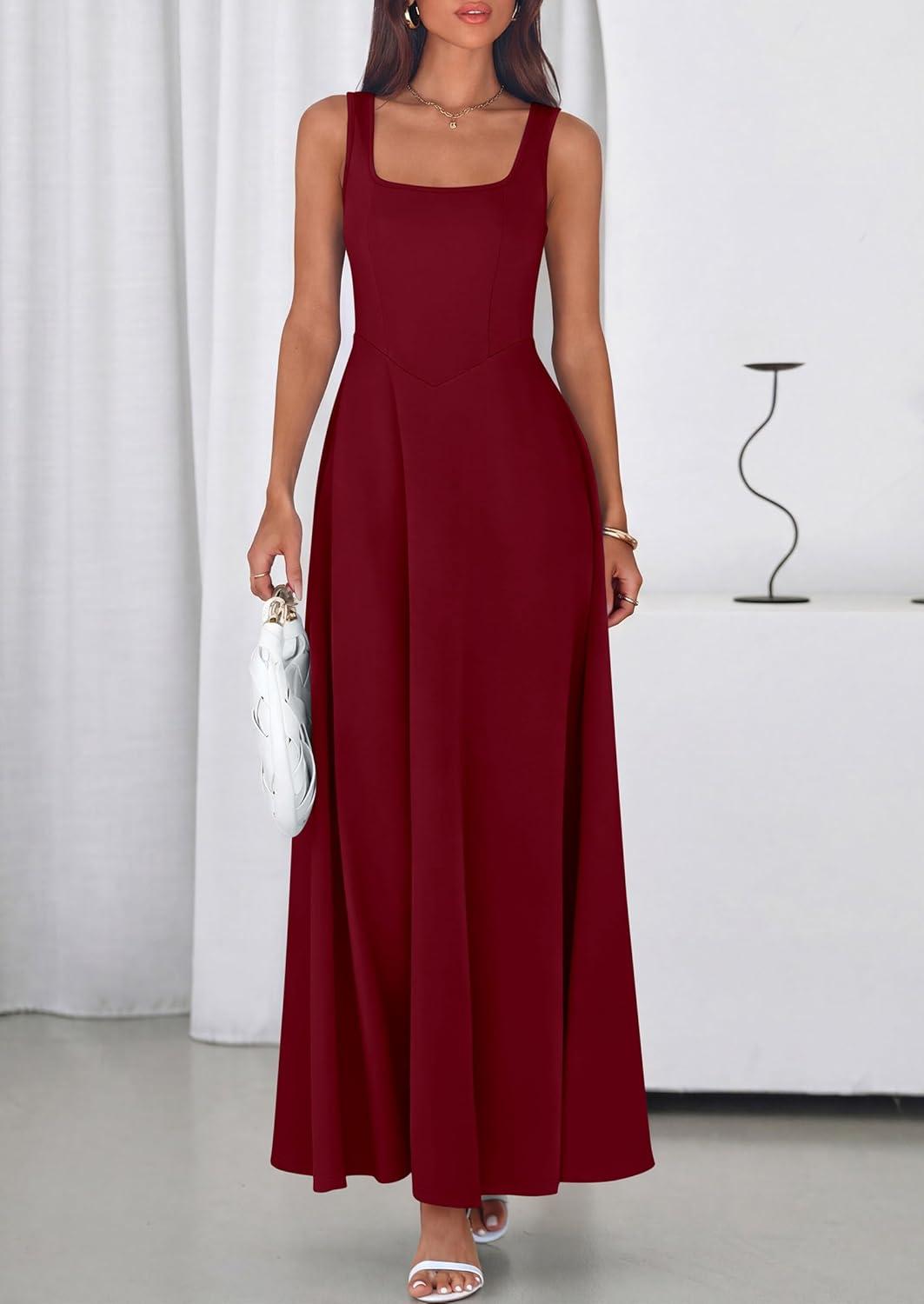 imagePRETTYGARDEN Womens Summer Dresses 2026 Sleeveless Elegant Square Neck Aline Swing Maxi Beach Wedding Guest Dress PocketsWine Red