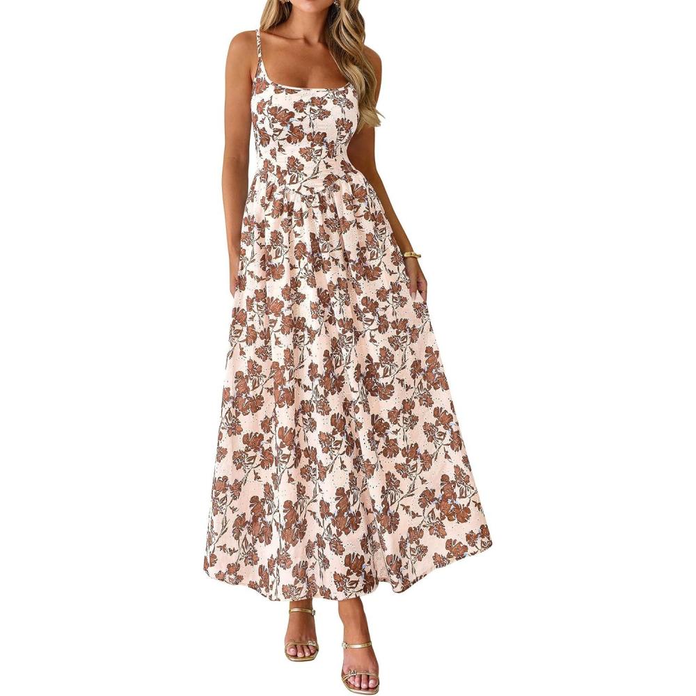 imagePRETTYGARDEN Womens 2026 Spring Boho Maxi Dress Eyelet Floral Long Flowy Sundresses Summer Beach Vacation ClothesFloral Apricot Brown