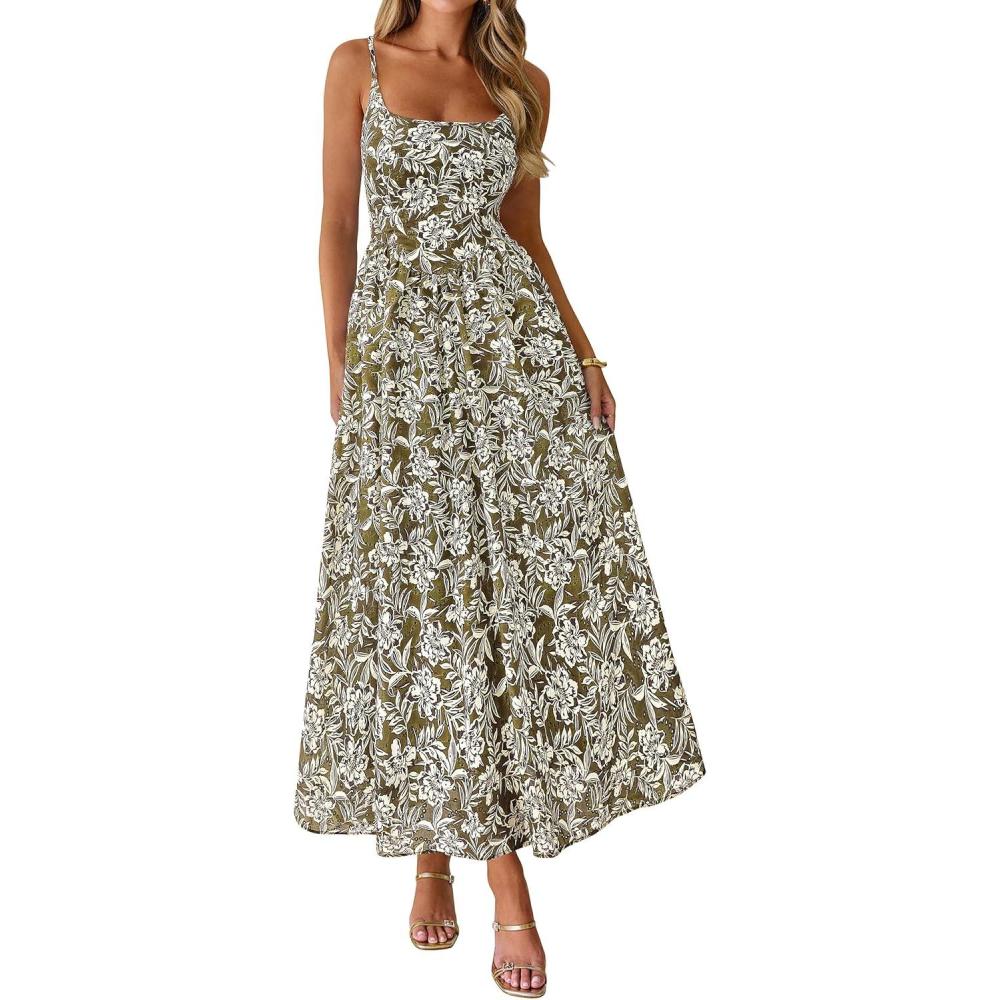 imagePRETTYGARDEN Womens 2026 Spring Boho Maxi Dress Eyelet Floral Long Flowy Sundresses Summer Beach Vacation ClothesFloral Army Green