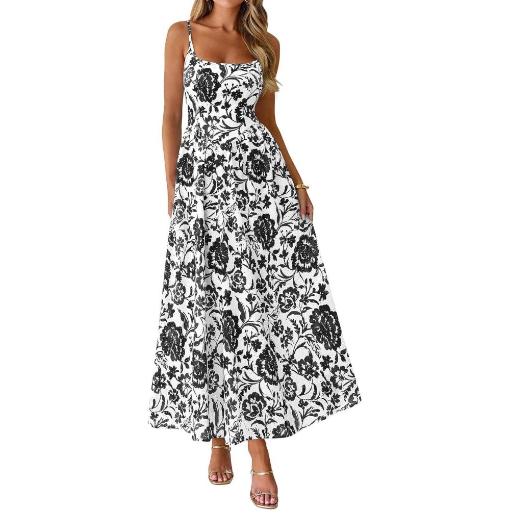 imagePRETTYGARDEN Womens 2026 Spring Boho Maxi Dress Eyelet Floral Long Flowy Sundresses Summer Beach Vacation ClothesFloral White Black