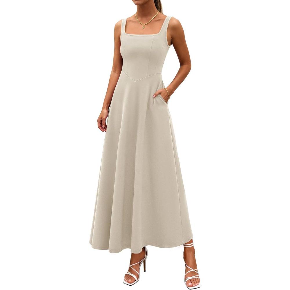 imagePRETTYGARDEN Womens Summer Dresses 2026 Sleeveless Elegant Square Neck Aline Swing Maxi Beach Wedding Guest Dress PocketsBeige
