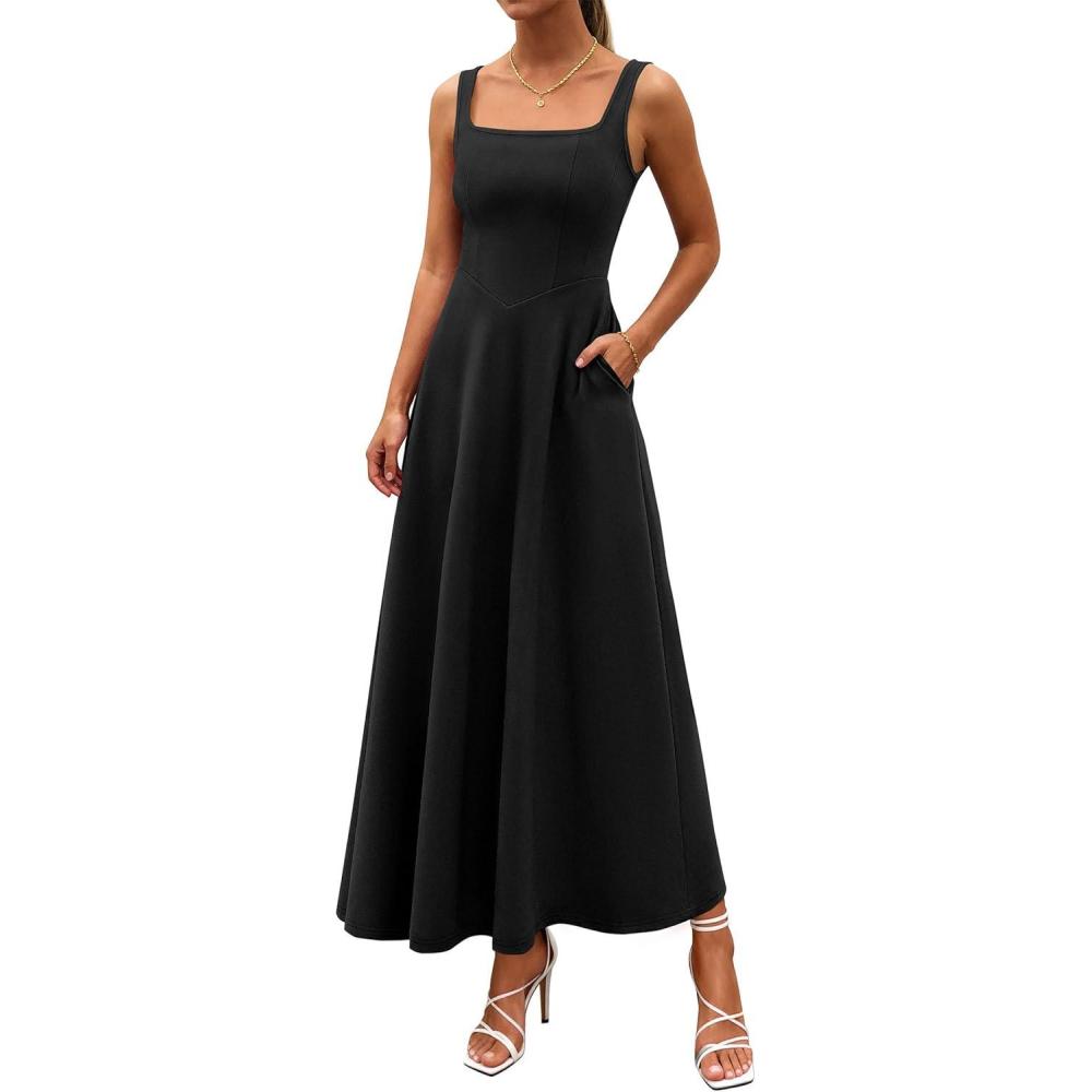 imagePRETTYGARDEN Womens Summer Dresses 2026 Sleeveless Elegant Square Neck Aline Swing Maxi Beach Wedding Guest Dress PocketsBlack