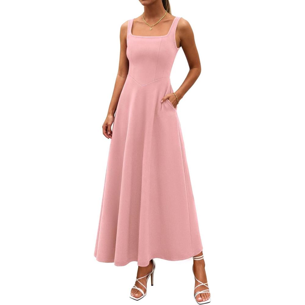 imagePRETTYGARDEN Womens Summer Dresses 2026 Sleeveless Elegant Square Neck Aline Swing Maxi Beach Wedding Guest Dress PocketsPink
