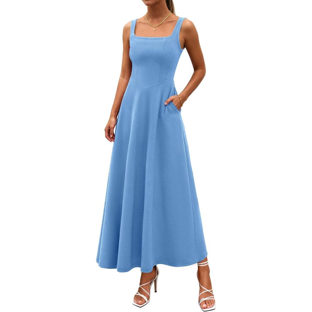 imagePRETTYGARDEN Womens Summer Dresses 2026 Sleeveless Elegant Square Neck Aline Swing Maxi Beach Wedding Guest Dress PocketsSky Blue