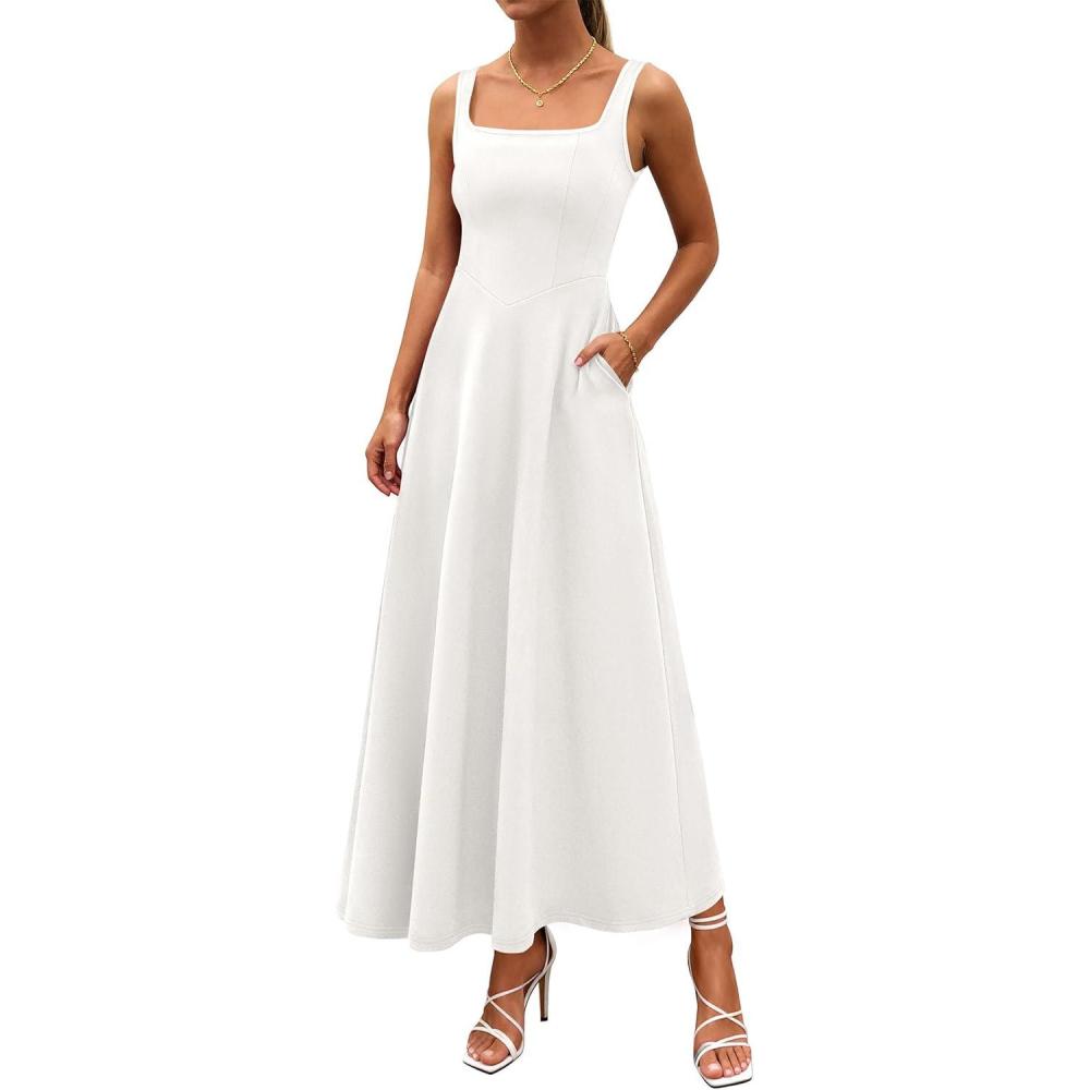 imagePRETTYGARDEN Womens Summer Dresses 2026 Sleeveless Elegant Square Neck Aline Swing Maxi Beach Wedding Guest Dress PocketsWhite