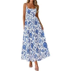 PRETTYGARDEN Womens 2026 Spring Boho Maxi Dress Eyelet Floral Long Flowy Sundresses Summer Beach Vacation Clothes(Floral White Blue)