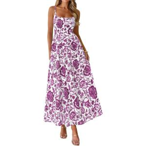 PRETTYGARDEN Womens 2026 Spring Boho Maxi Dress Eyelet Floral Long Flowy Sundresses Summer Beach Vacation Clothes(Floral White Purple)
