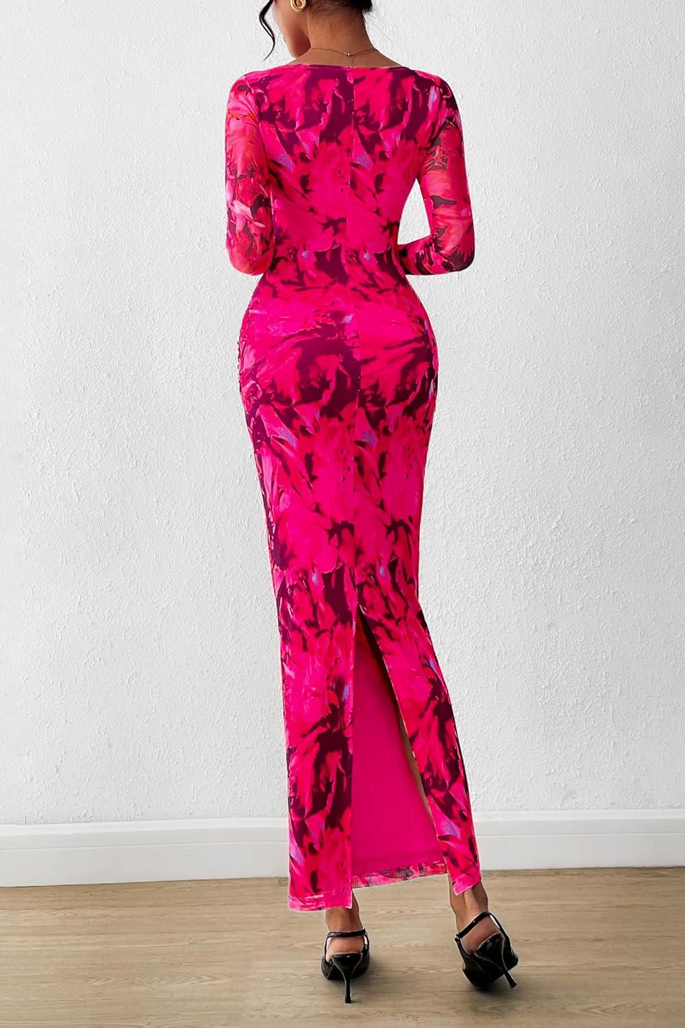 imagePRETTYGARDEN Womens Long Sleeve Bodycon Dresses 2026 Spring Sexy Floral Mesh Slit Ruched Tight Maxi Wedding Guest DressBlack Rose Red Big Flower