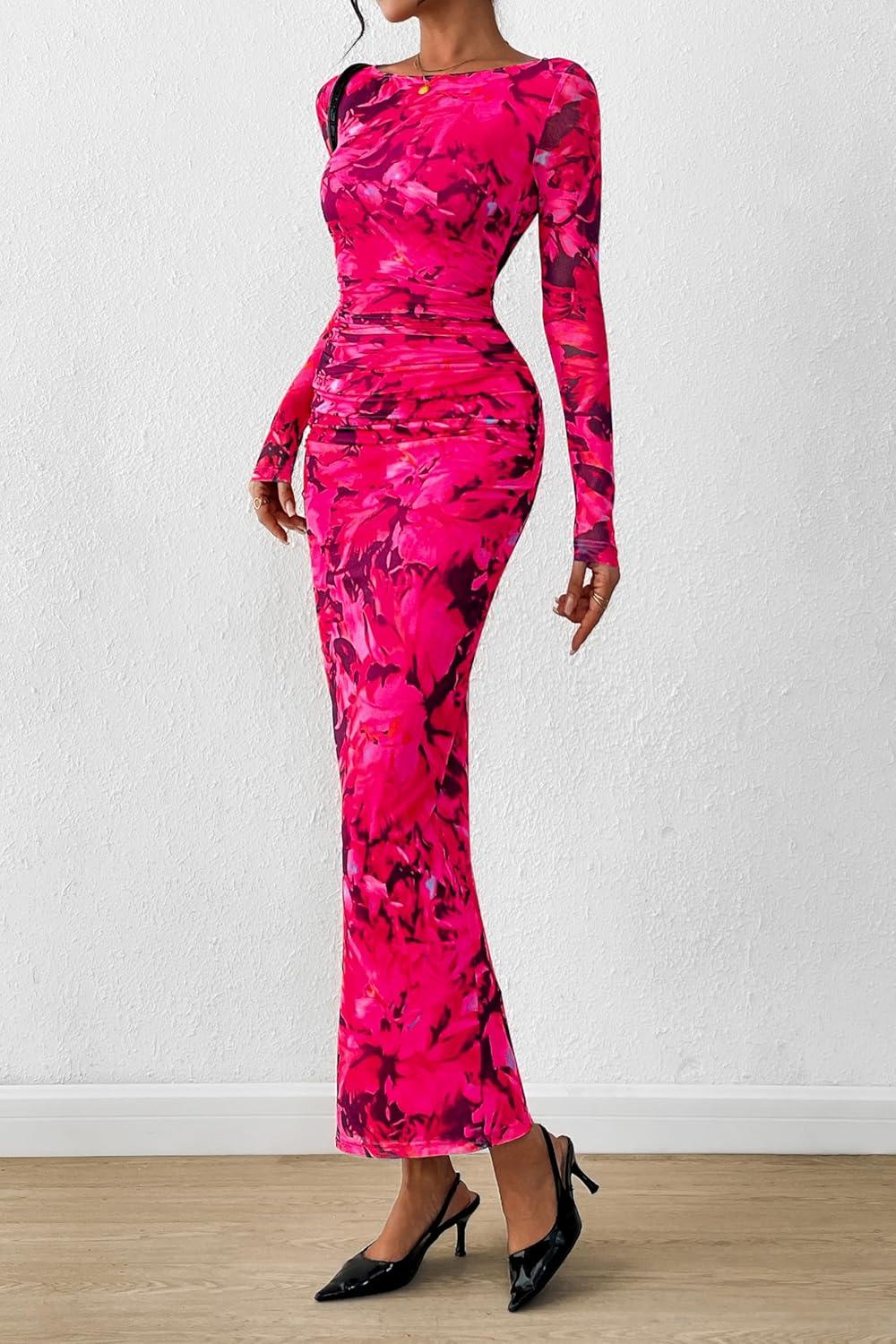 imagePRETTYGARDEN Womens Long Sleeve Bodycon Dresses 2026 Spring Sexy Floral Mesh Slit Ruched Tight Maxi Wedding Guest DressBlack Rose Red Big Flower