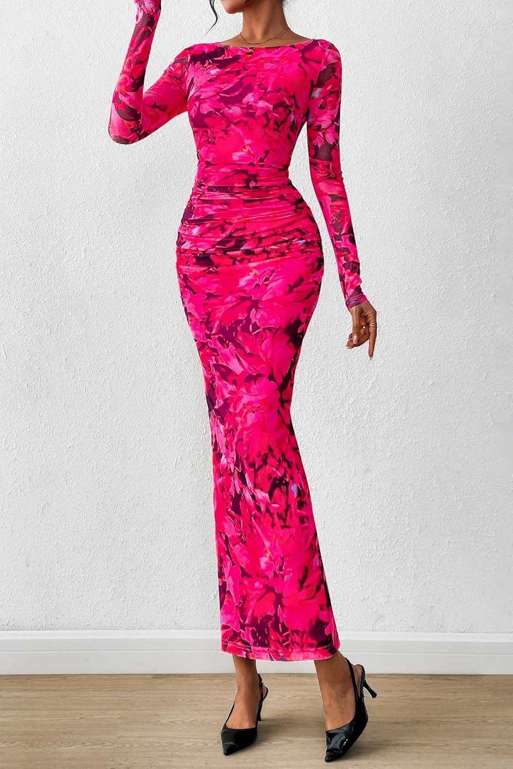 imagePRETTYGARDEN Womens Long Sleeve Bodycon Dresses 2026 Spring Sexy Floral Mesh Slit Ruched Tight Maxi Wedding Guest DressBlack Rose Red Big Flower
