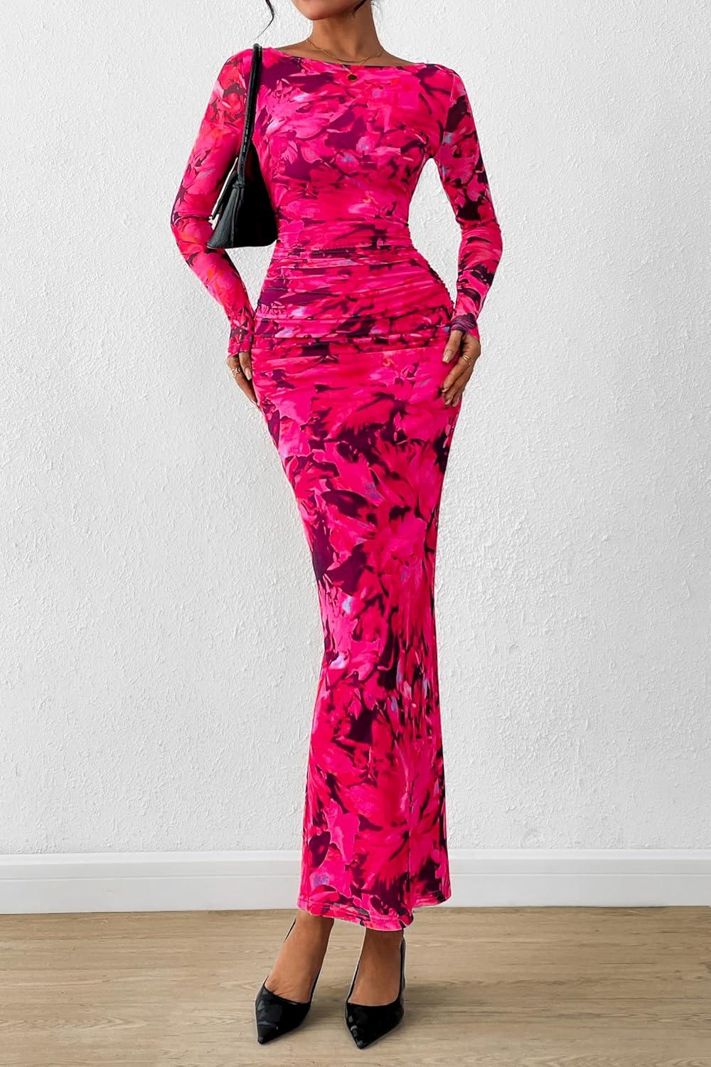 imagePRETTYGARDEN Womens Long Sleeve Bodycon Dresses 2026 Spring Sexy Floral Mesh Slit Ruched Tight Maxi Wedding Guest DressBlack Rose Red Big Flower