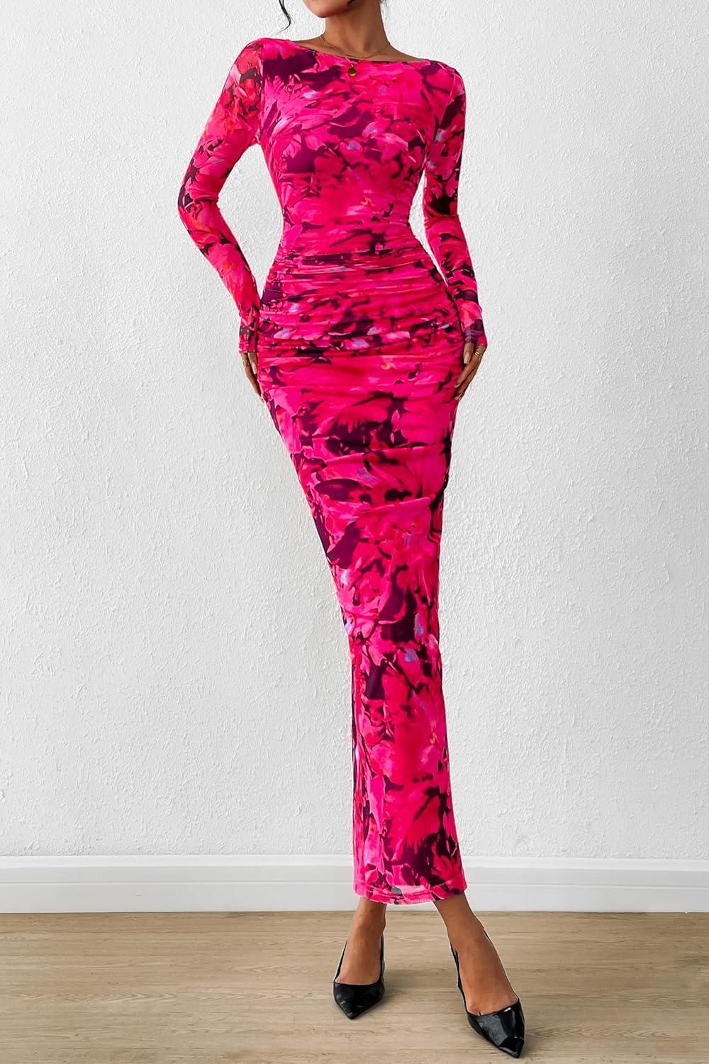 imagePRETTYGARDEN Womens Long Sleeve Bodycon Dresses 2026 Spring Sexy Floral Mesh Slit Ruched Tight Maxi Wedding Guest DressBlack Rose Red Big Flower