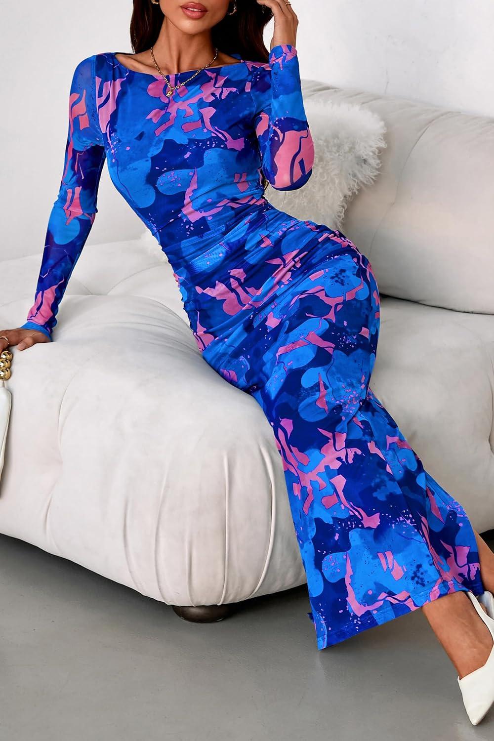 imagePRETTYGARDEN Womens Long Sleeve Bodycon Dresses 2026 Spring Sexy Floral Mesh Slit Ruched Tight Maxi Wedding Guest DressBlue Pink Flower