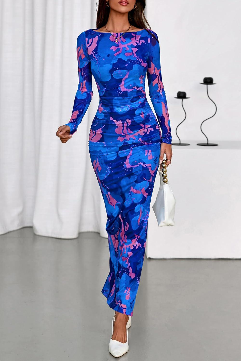 imagePRETTYGARDEN Womens Long Sleeve Bodycon Dresses 2026 Spring Sexy Floral Mesh Slit Ruched Tight Maxi Wedding Guest DressBlue Pink Flower