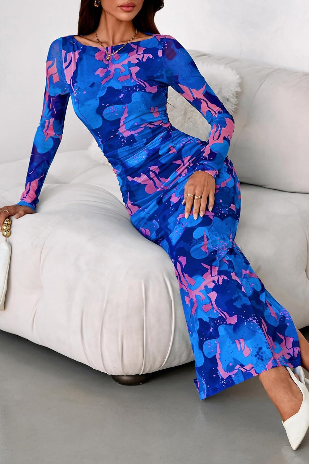 imagePRETTYGARDEN Womens Long Sleeve Bodycon Dresses 2026 Spring Sexy Floral Mesh Slit Ruched Tight Maxi Wedding Guest DressBlue Pink Flower