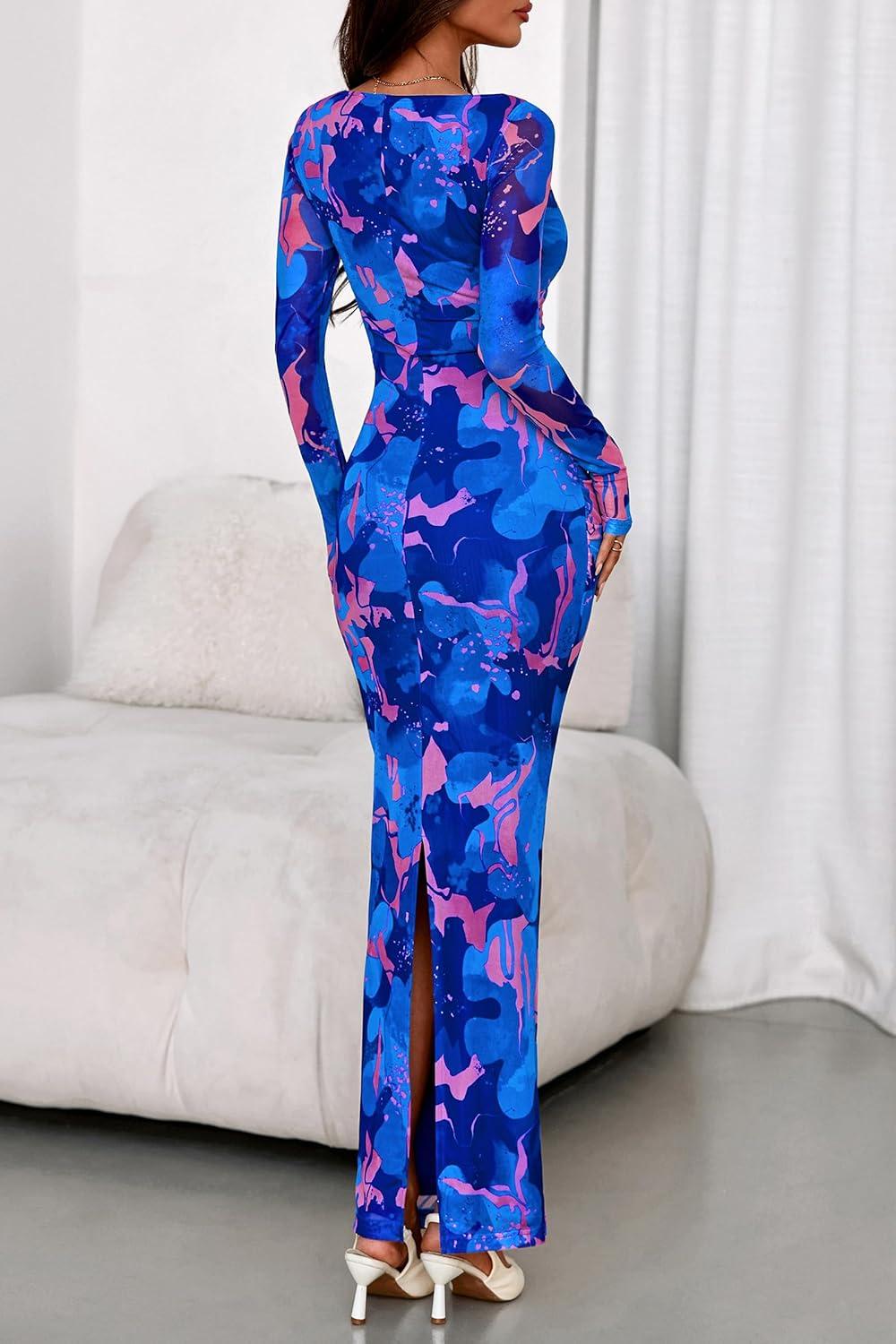 imagePRETTYGARDEN Womens Long Sleeve Bodycon Dresses 2026 Spring Sexy Floral Mesh Slit Ruched Tight Maxi Wedding Guest DressBlue Pink Flower